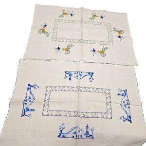 Vintage Table Placemats Colorful Oriental Horse Buggy Cross Stitch Embroidery‎